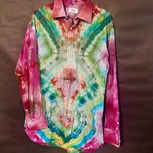 Brioni Shirt Tie Dye Shirt Neck Size 16.5 Size Large Red Green Geods Tied Dyed